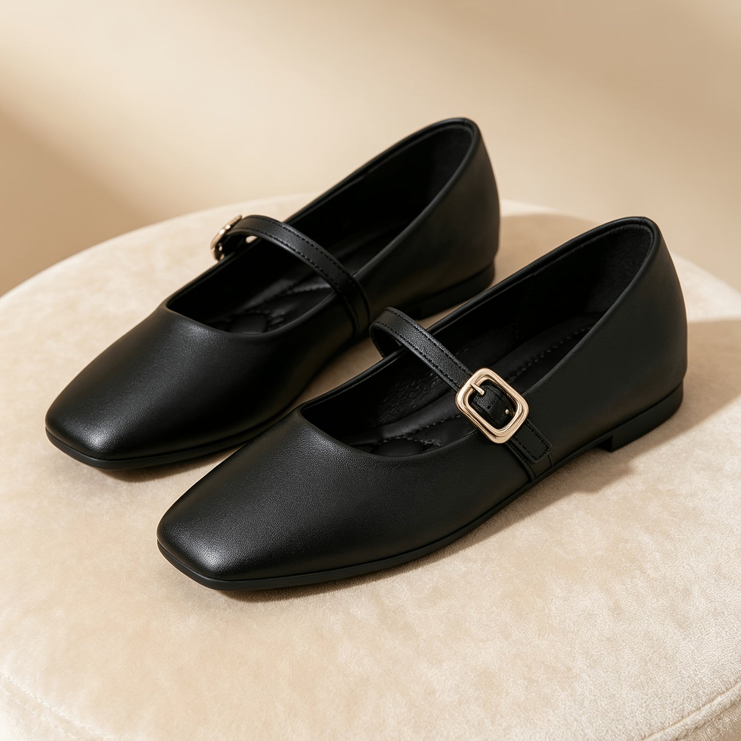 Women's Black Square-Toe Mary Jane Flats with Buckle, Comfortable All-
