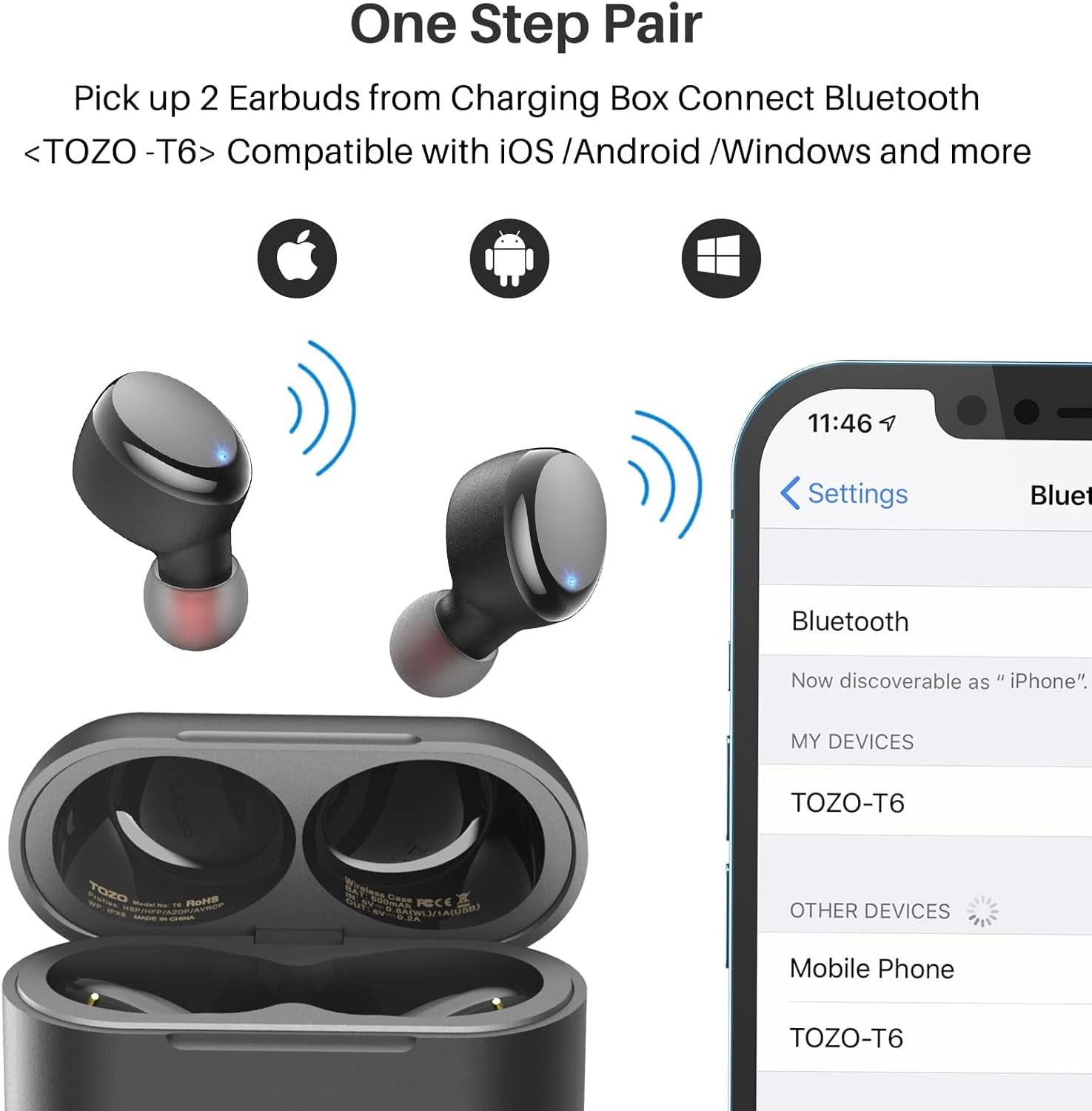 TOZO T6 True Wireless Earbuds Bluetooth 5.3 Headphones 45H Long Playtime, Wireless Charging Case, IPX8 Waterproof Stereo Earphones, Built-In Mic Calls, Headset Premium Deep Bass 32 Preset Eqs via APP