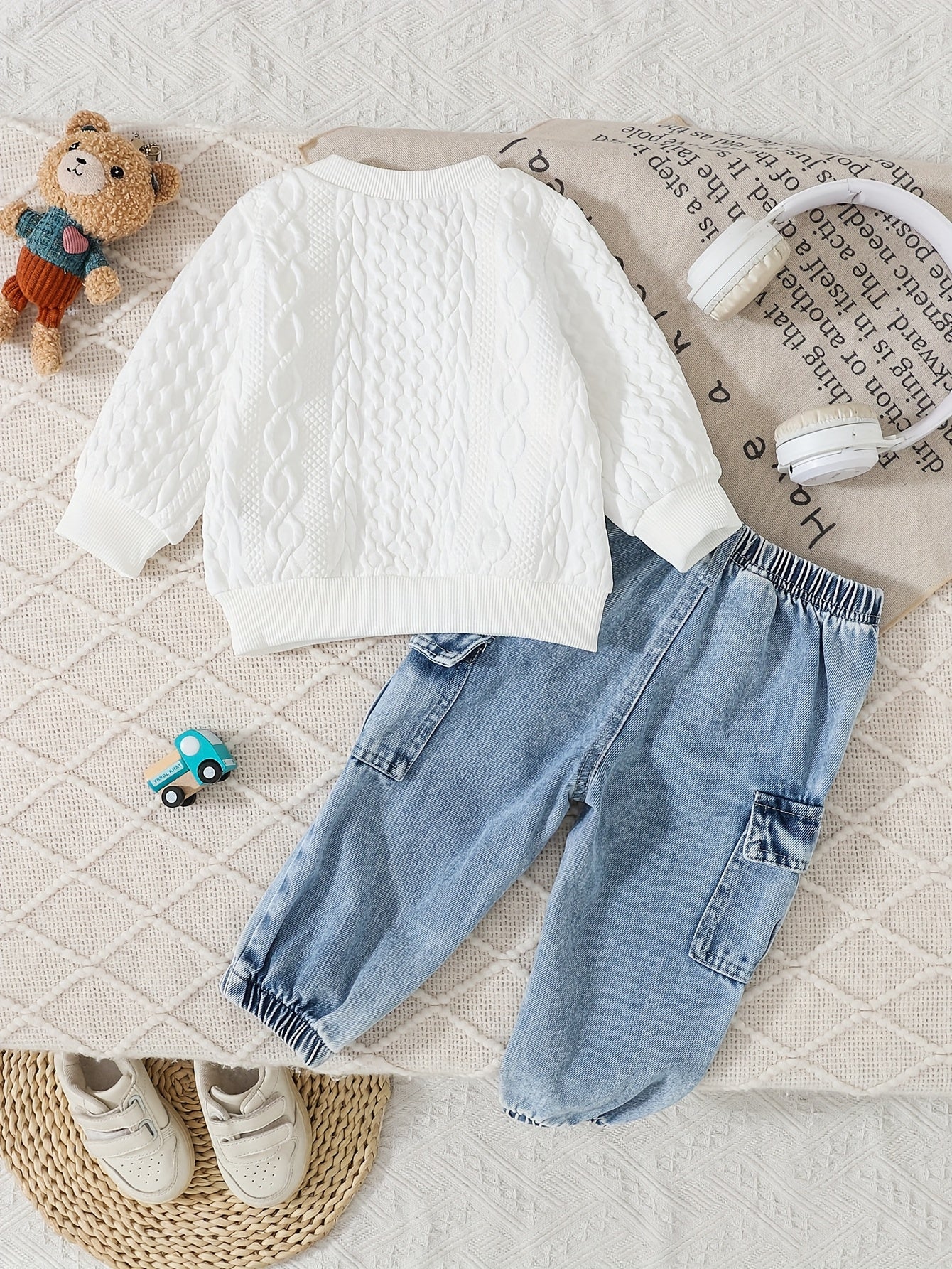 Cute Baby Boy Fall Set: Bear Sweatshirt & Denim Jogger Pants