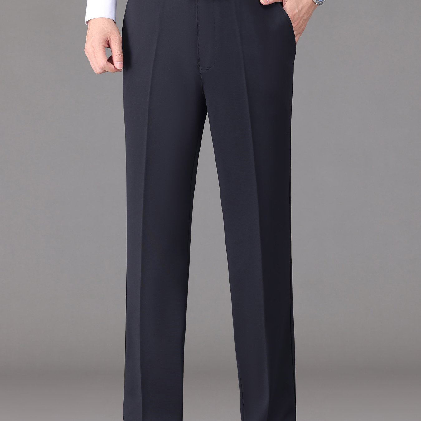 [Lightweight Design] Men's High-Waist Stretch Dress Pants - Wrinkle-Resistant, Dark Blue Business Casual with Pockets, Straight Leg Fit for Spring/Fall