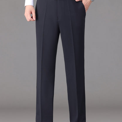 [Lightweight Design] Men's High-Waist Stretch Dress Pants - Wrinkle-Resistant, Dark Blue Business Casual with Pockets, Straight Leg Fit for Spring/Fall