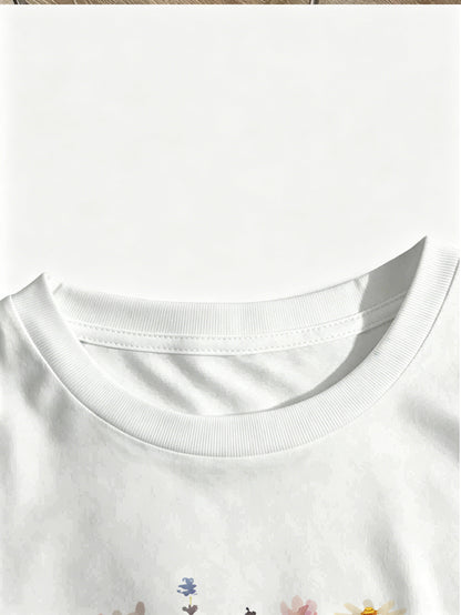 Women’s Cotton Crew Neck T-Shirt with Geometric Wildflower Print