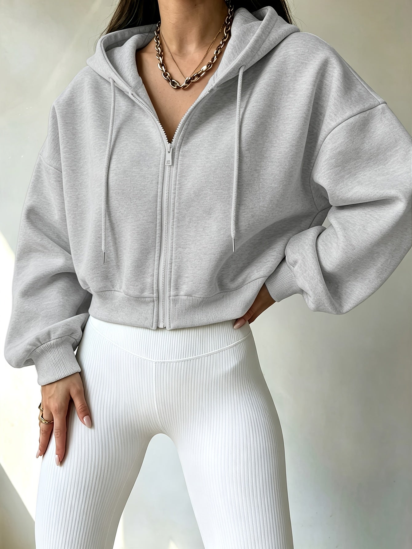 Women’s Short Hooded Zipper Sweatshirt with Geometric Print