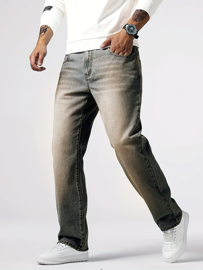 Loose Fit Straight Leg Jeans, Men's Casual Street Style Distressed Denim Pants For All Seasons