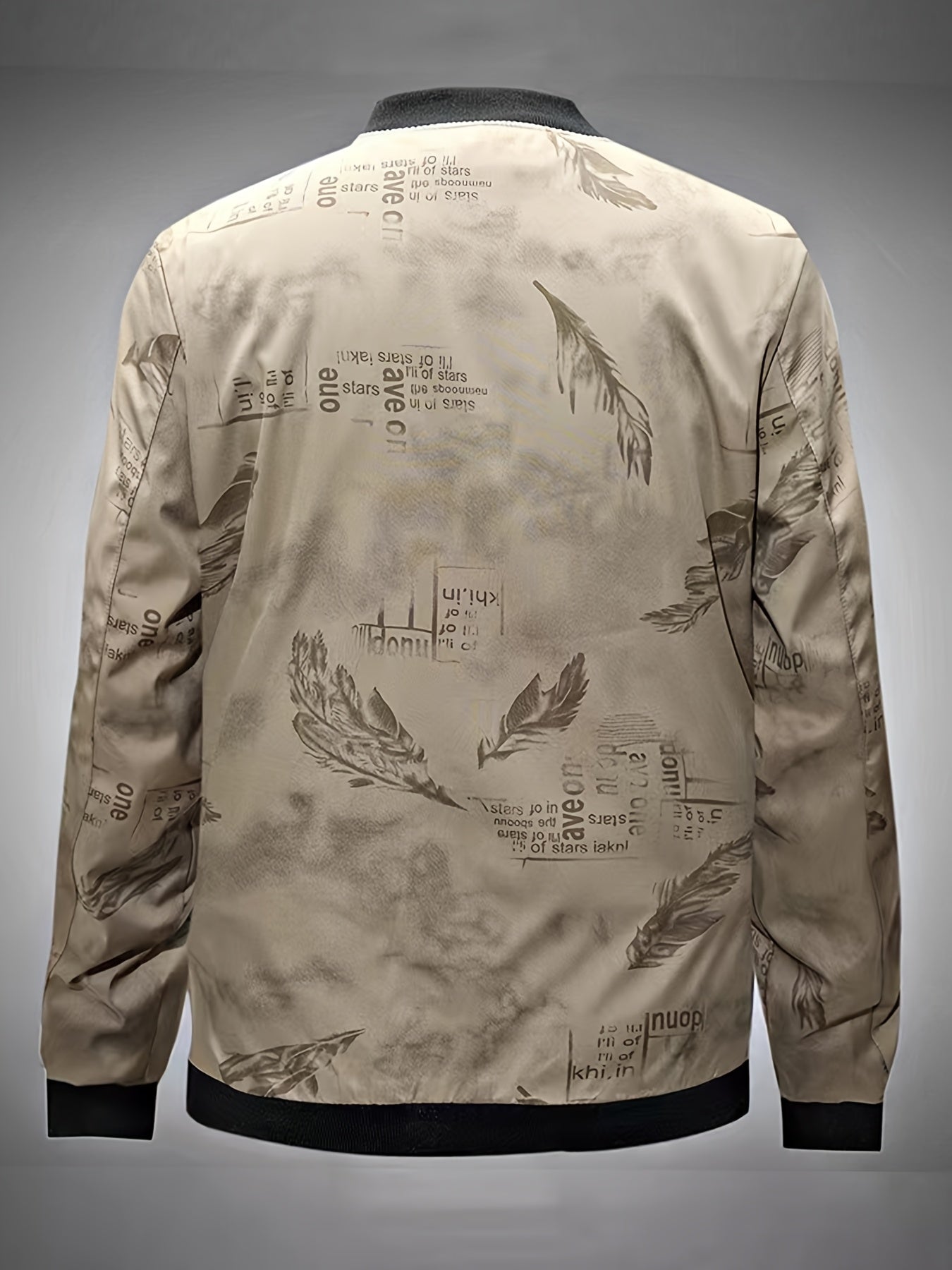 Men'S Lightweight Preppy Bomber Jacket with Feather & Star Print, Stand Collar, Zip-Up, Loose Fit, Polyester Lining, Casual Streetwear Style, Casual Outerwear | Star Pattern Jacket | Zippered Jacket