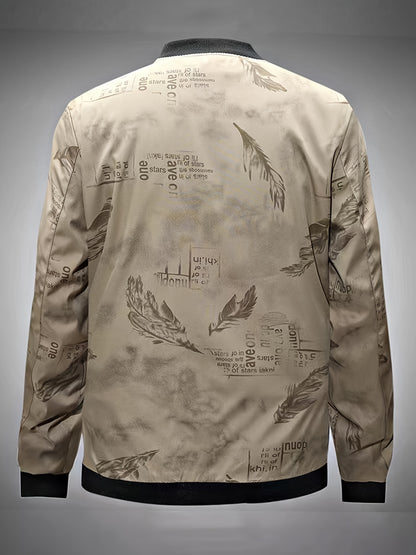 Men'S Lightweight Preppy Bomber Jacket with Feather & Star Print, Stand Collar, Zip-Up, Loose Fit, Polyester Lining, Casual Streetwear Style, Casual Outerwear | Star Pattern Jacket | Zippered Jacket