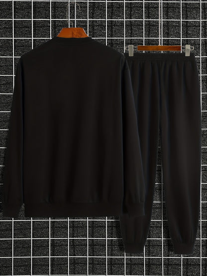 Men's Casual Sports Sweatshirt Set, Loose Fit Pullover Hoodie with Print, Polyester Blend, Round Neck, Stretch Knit, Autumn/Winter Collection