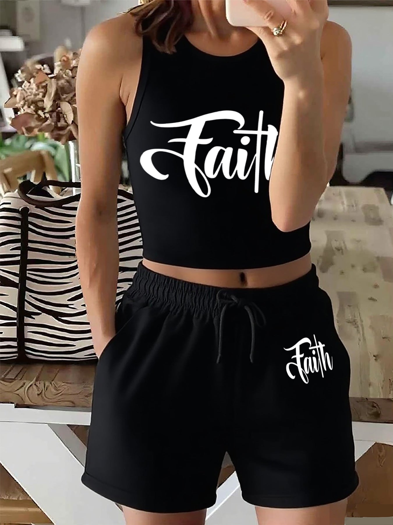 Women's Casual Two-Piece Set with English Print & Wide Leg Pants