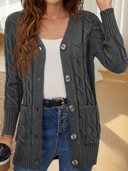 Elegant Women's Cable-Knit Cardigan - Cozy Button-Up V-Neck Sweater Jacket with Pockets, Long Sleeves in Heather Gray, 100% Polyester, Machine Washable for Fall/Winter