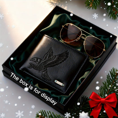 2pcs Men's wallet set with an eagle spreading its wings design, featuring fine embossing and a metal nameplate, paired with stylish glasses to showcase a rugged style, suitable for daily use by mature men or as a holiday gift
