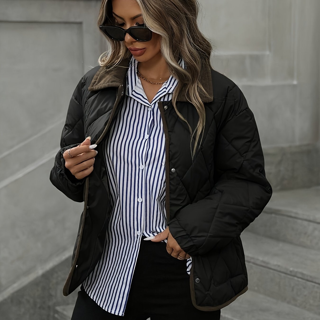 Ռոմբուսաձև նախշերով կանացի նորաձև վերնաշապիկ, օձիքով միահյուսված միաշերտ կարճ վերարկու, ձմեռ 2024, նորույթ, կոնտրաստային զարդանախշ, փոքր չափսի բաճկոն, նորաձև տաք, առօրյա վերնազգեստ, բարձր գնահատականներ ստացած