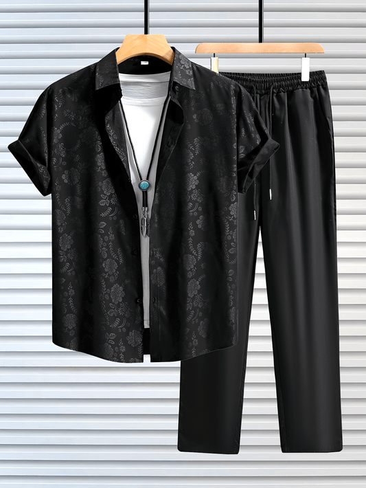 Տղամարդու ամառային ծաղկանախշերով բացվող վերնաշապիկի և սև տաբատի հավաքածու