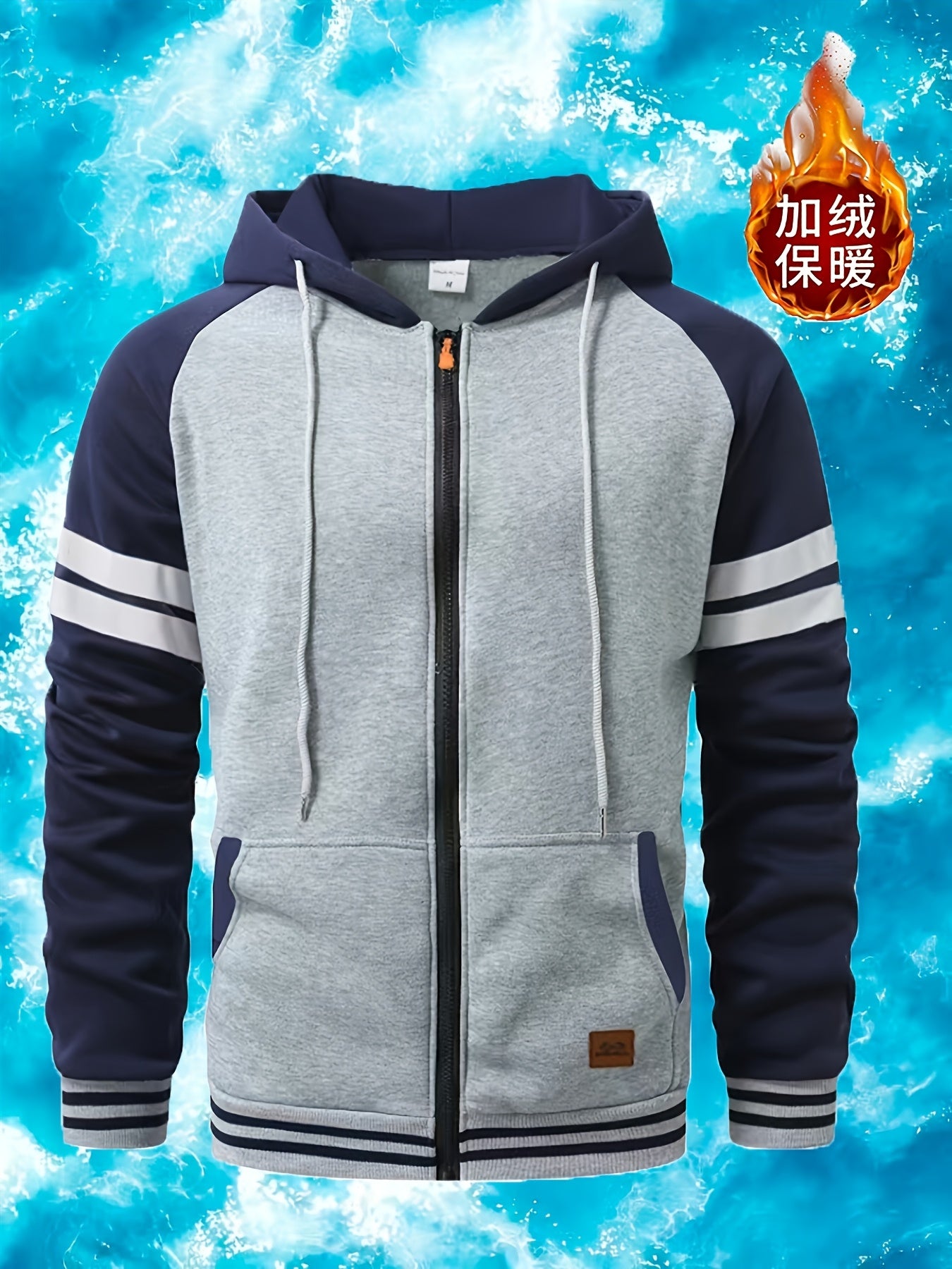 Men's 2025 Autumn East New Zipper Hoodie - Black & Grey Color-Block Contrast with White Piping, Full-Zip Closure, Chest Pocket & Adjustable Hood, Casual Streetwear for Teen Boys & Young Men, Durable Everyday Outerwear