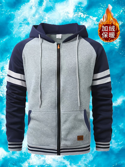 Men's 2025 Autumn East New Zipper Hoodie - Black & Grey Color-Block Contrast with White Piping, Full-Zip Closure, Chest Pocket & Adjustable Hood, Casual Streetwear for Teen Boys & Young Men, Durable Everyday Outerwear