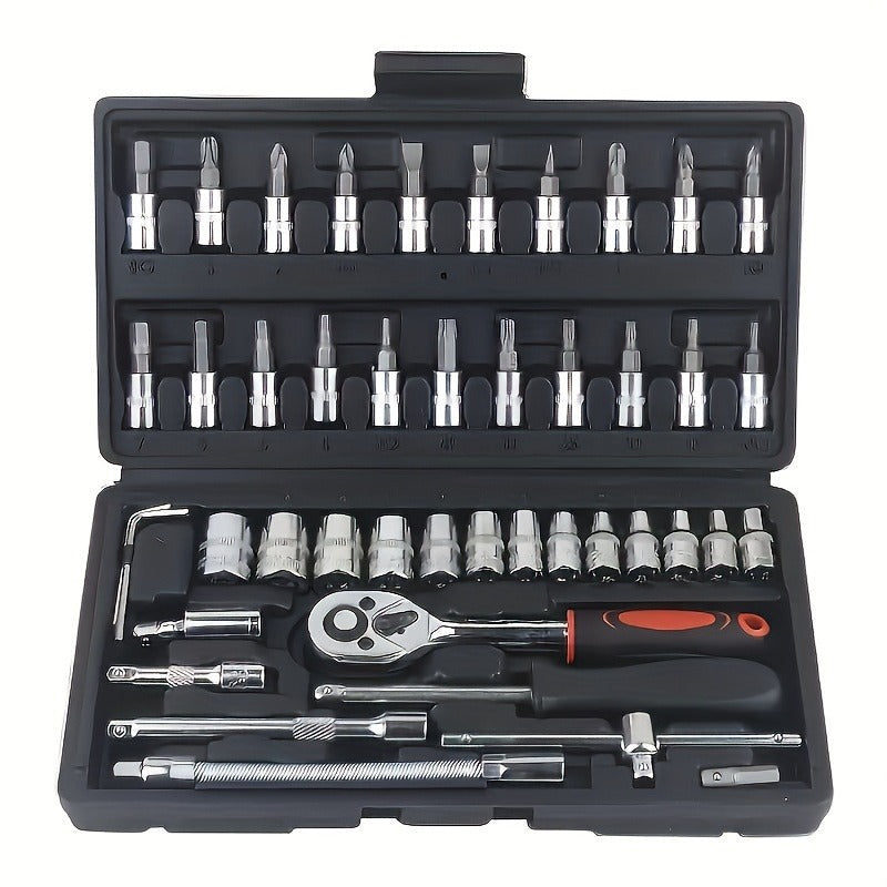 46pcs Professional Multi-Size Auto Repair Tool Set | Designed for European Cars, Includes Torque Wrench and Hex Keys, Durable Chrome Vanadium Steel, Suitable for Car Maintenance, Motorcycles, Bicycles, and Home Repairs, Black