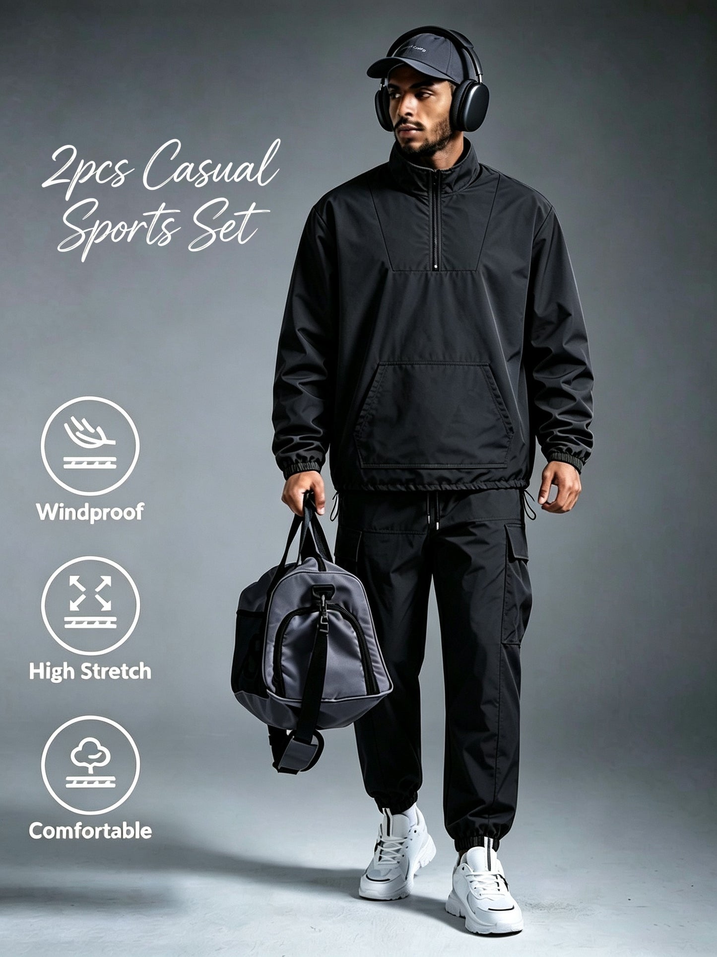 Men's Windproof Nylon Athletic Tracksuit Set with Cargo Pants