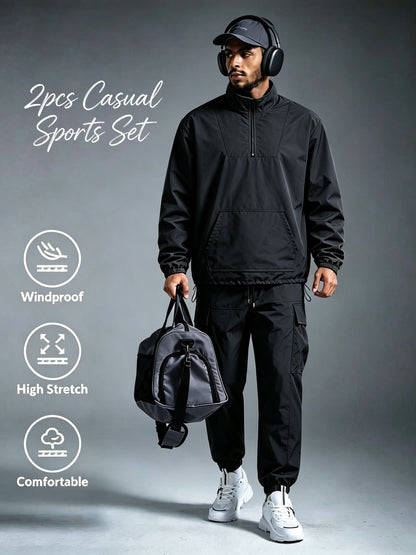 Men's Windproof Nylon Athletic Tracksuit Set with Cargo Pants