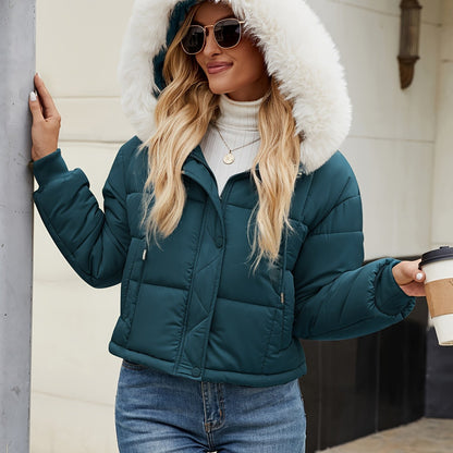 Կանացի կարճ, առօրյա, կայծակաճարմանդով, գլխարկով բաճկոն՝ արհեստական ​​մորթուց զարդանախշով - սև պոլիեսթեր, երկար թևքերով, աշնանային/ձմեռային բացօթյա հագուստ, ցուրտ եղանակի համար | Գլխարկով նորաձևություն | Փայլուն ծածկույթ