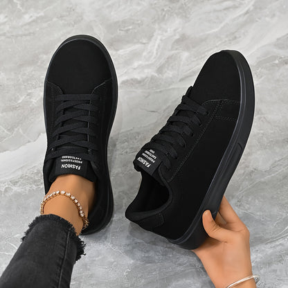 Women'S Simple Solid Black Lace-Up Flats, Comfortable Skate Shoes, Casual Versatile, for Couples, with Stability Support, Lightweight EVA Sole, for All-Season Road Running, Daily Wear, Outdoor Hiking, Sports