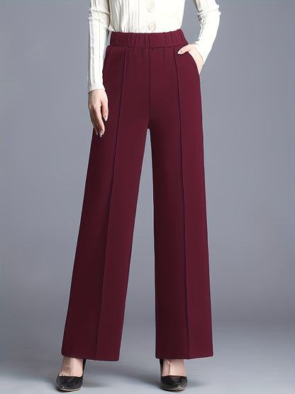 Elegant Maroon High-Waist Straight-Leg Pants for Women - Stretchy, Loose Fit with Slant Pockets, Ideal for Work & Daily Commute, Polyester Blend, All-Season Wear