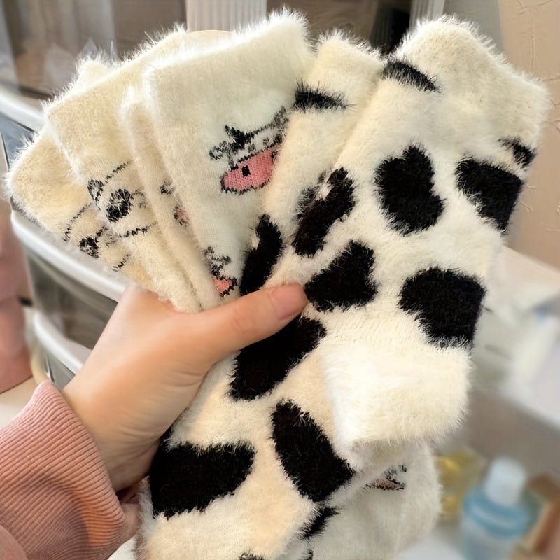 5 զույգ փափուկ, կաթնային կետերով գուլպաներ՝ հարմարավետ մորթե աստառով, խիտ տաք ձմեռային գուլպաներ՝ կովի/հավի/ոչխարի/կուղբի/արջի գեղեցիկ նախշերով, ընտանեկան փաթեթ / Արտաքին օգտագործման համար, լվացքի մեքենայով լվացվող, ցրտադիմացկուն կոշիկներ