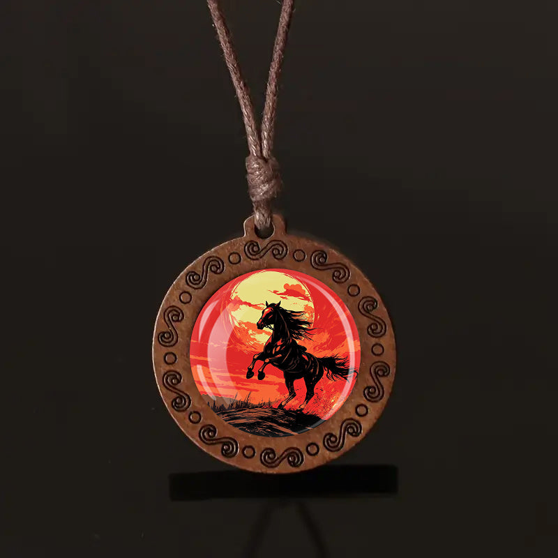 Red Moon Galloping Horse Wooden Pendant Necklace - Bohemian Style Adjustable Cord, Natural Wood Unisex Jewelry for Casual Attire & Holiday Gifts