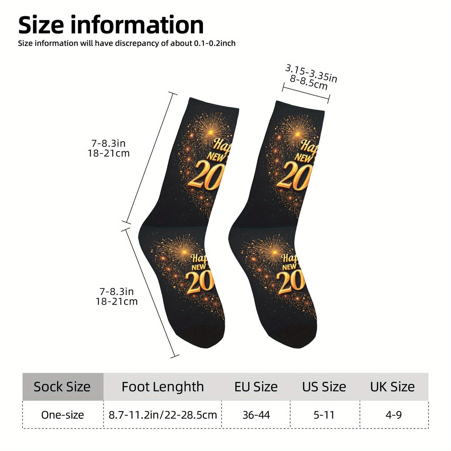 1pc Harajuku Happy New Year 2026 Crew Socks - Black with Golden Glitter "Happy New Year 51.46meter Print, Versatile Sports & Fitness Socks for Men, Women, and Gifts, Hand Wash or Dry Clean, Festive Socks | Festive Crew Socks
