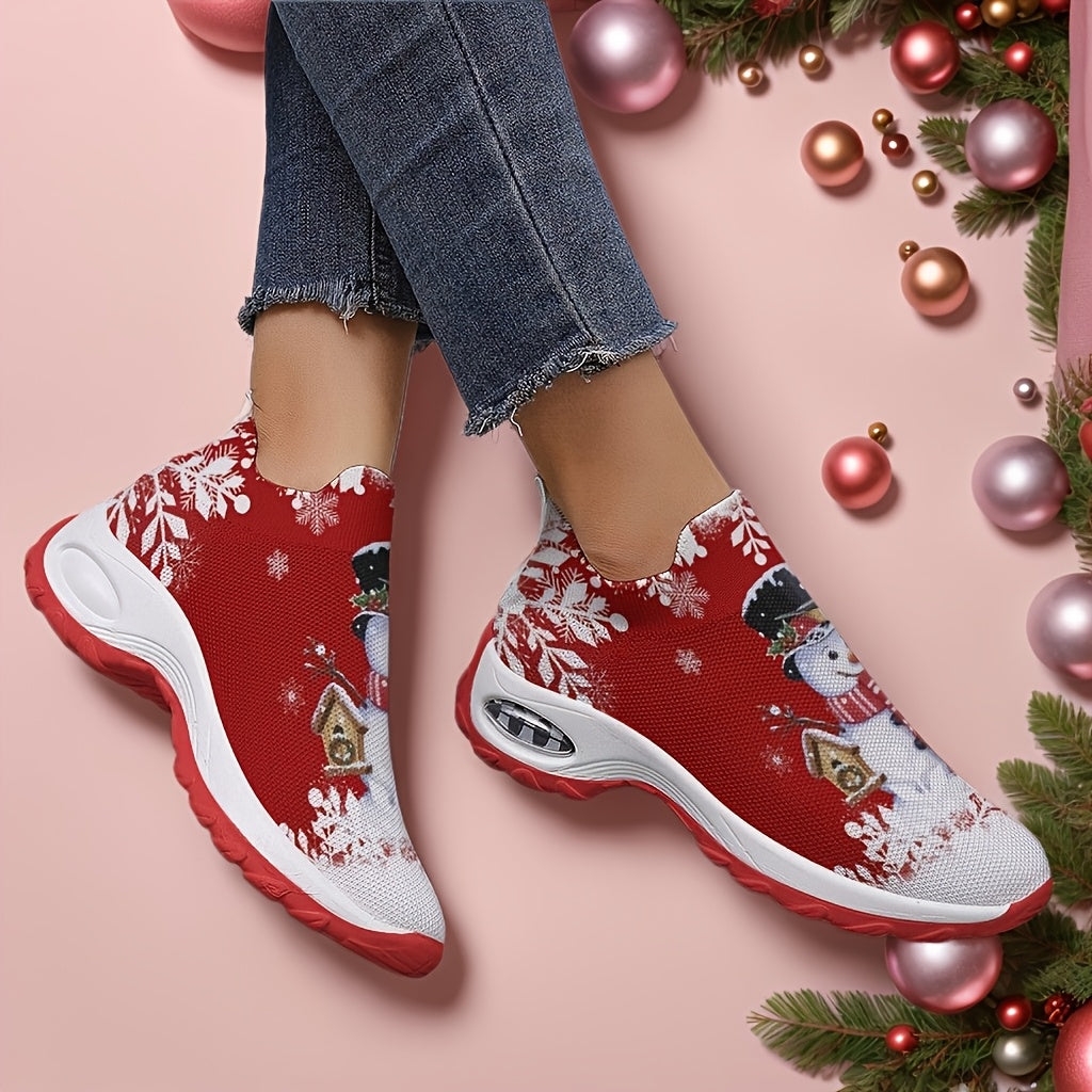 Women'S Slip-On Sneakers - Red & Snowman Print, Slip-On Closure, Cushioned Insole - All-Season Everyday & Formal Shoes - Easy-Clean Fabric Upper - Cozy Winter, Casual Footwear, Seasonal Fashion, Playful Design, Comfortable Fi