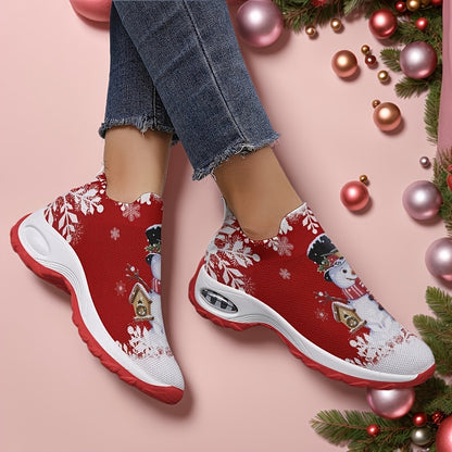 Women'S Slip-On Sneakers - Red & Snowman Print, Slip-On Closure, Cushioned Insole - All-Season Everyday & Formal Shoes - Easy-Clean Fabric Upper - Cozy Winter, Casual Footwear, Seasonal Fashion, Playful Design, Comfortable Fi