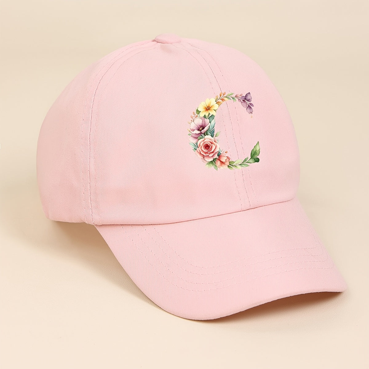 Adjustable Pink Baseball Cap for Kids with Floral Alphabet Design