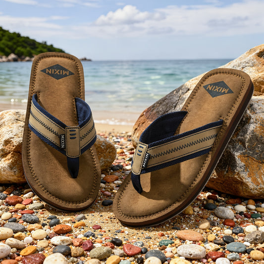 Men's Casual Flip-Flops with Woven PU Strap and EVA Sole - ayq