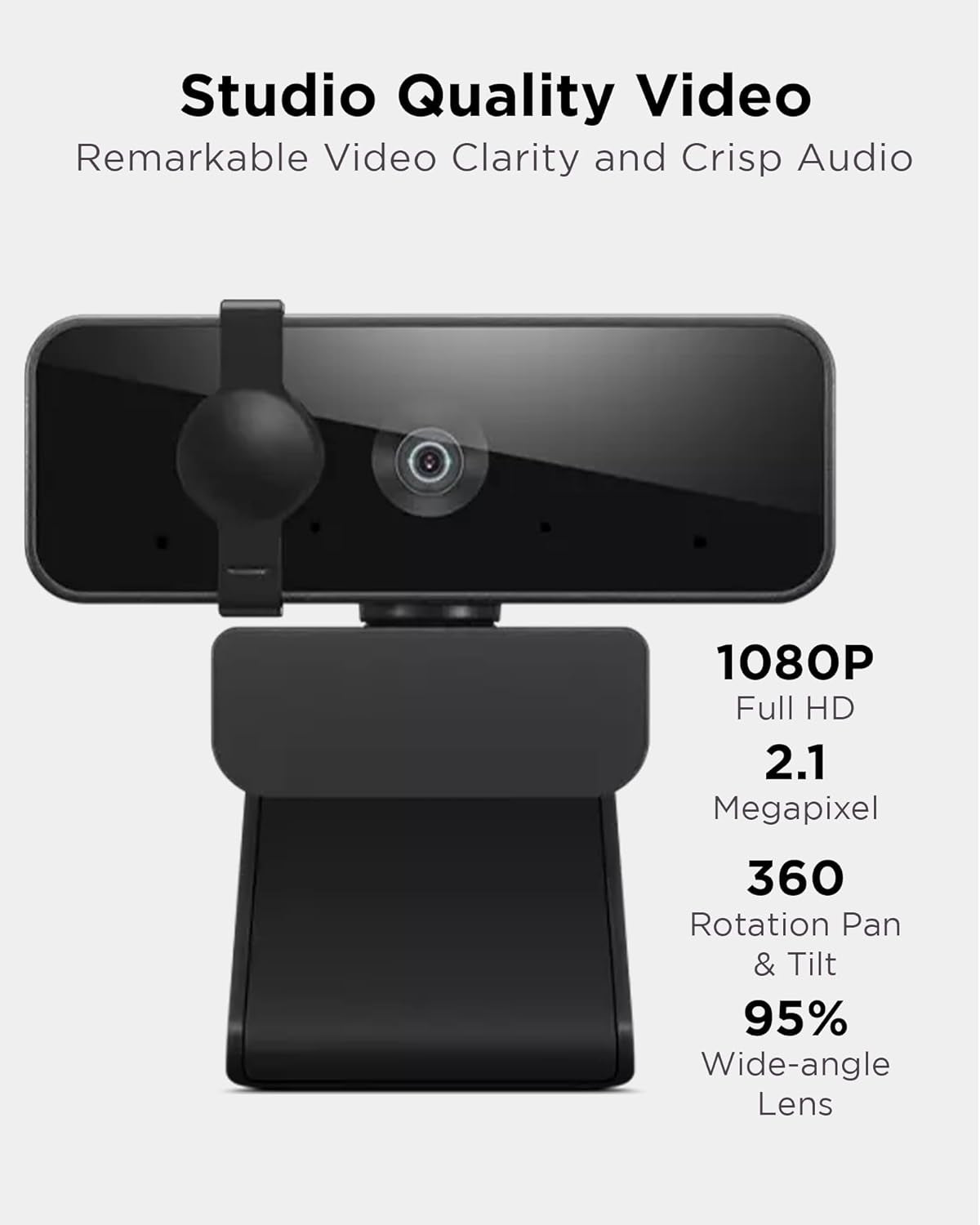 Lenovo Essential Full HD 1080P Webcam, Dual Microphone, No Driver 1.8M USB 2.0, Wide-Angle, Tilt-Control, 360-Degree Rotation, Black