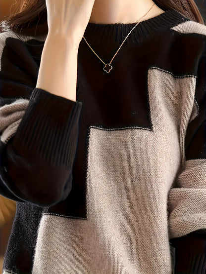 Women's Casual Color Block Long Sleeve Sweater - Round Neck, Soft Viscose Blend, Perfect for Fall and Winter Fashion, Knit Sweater