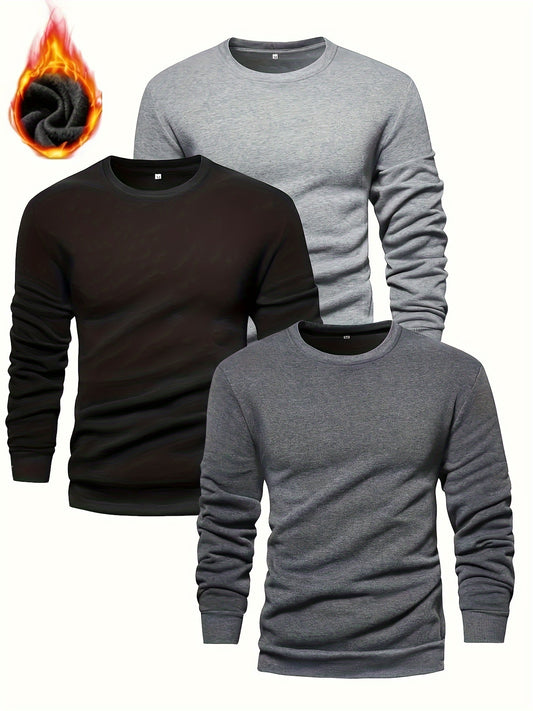 3pcs Men's Solid Color Knit Pullover For Autumn And Winter - Versatile Warm Crew Neck Long Sleeve, As Gift