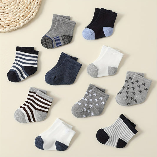 10pcs Boys' Mid-Calf Socks - Star, Striped & Color Block Patterns, Soft Knit Fabric, All-Season Comfort for Youngsters & Youngsters, Youngsters Socks