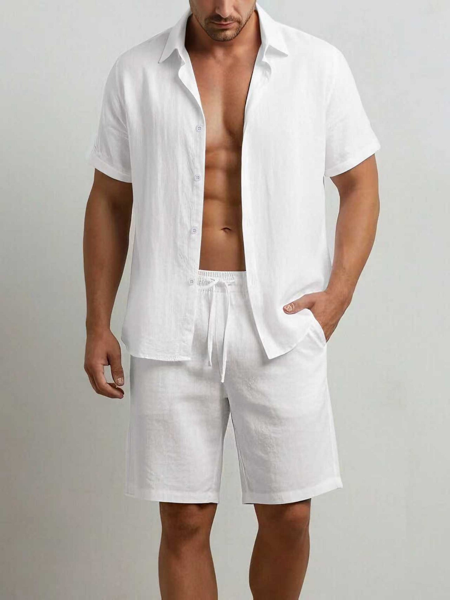 Men's Summer Cotton Shirt and Shorts Set - Casual Outdoor Wear