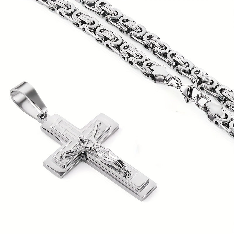 Men's Stainless Steel Fashion Pendant Three-Layer Cross with U-Shaped Handmade Flat Necklace in Steel Color