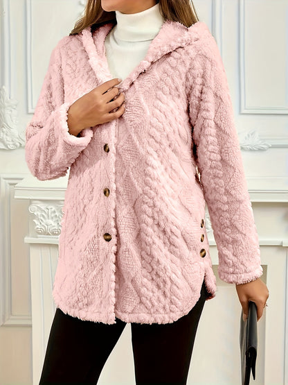 Elegant Pink Faux Fur Coat for Women - Chic Button-Front Hooded Jacket with Sleek Collar, Long Sleeves, and Ribbed Detailing - Perfect for Fall & Winter, Hand or Dry Clean Only