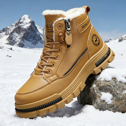 Men's Vintage Casual Fleece-Lined Snow Boots - Brown Faux Cover with Black Accents, Lace-Up Design, Thick PVC Sole for Winter & Fall, Round Toe Comfort, Everyday Winter Footwear, Winter Boots,  Style Boots, Durable Winter Foo