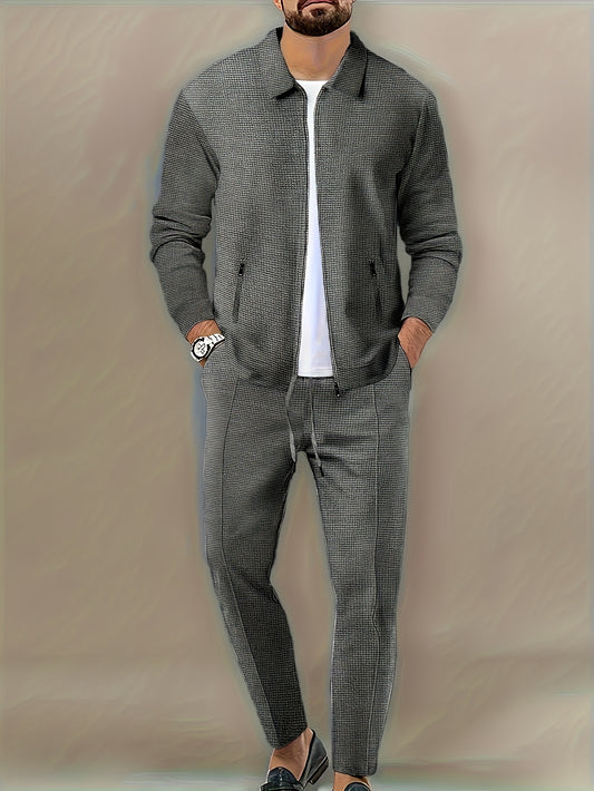 Men'S Casual Polyester Sports Suit Set, Solid Color Knit Fabric, Lapel Collar, Zipper Details, Regular Fit for Outdoor Activities, Running, Hiking, Fishing, Cycling, Basketball - Perfect for Festive Occasions