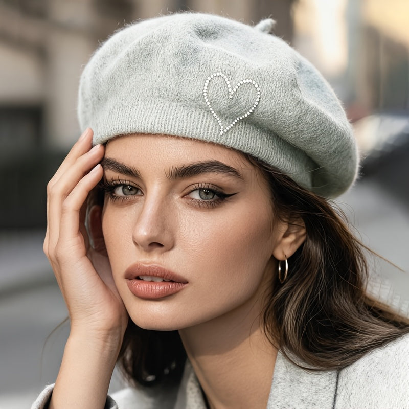 Women's Wool Beret Hat with Rhinestone Heart - Lightweight Warm