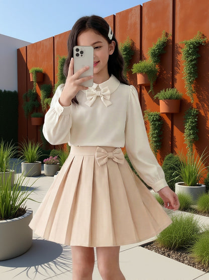 Girls' Elegant Apricot Puff Sleeve Shirt & Pleated Skirt Set