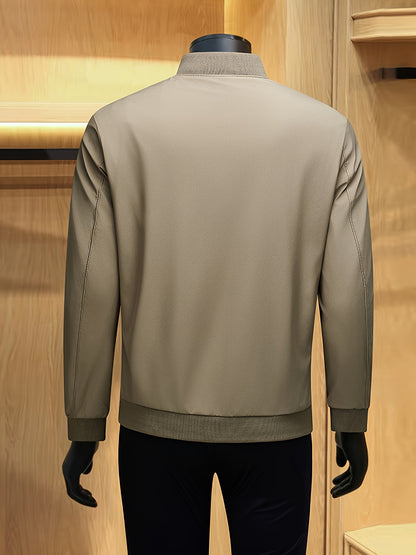 Men's Solid Burgundy (or other colors available) Slim-Fit Full-Length Zip-Up Jacket - Lightweight Business Casual Coat with Full-Length Zipper Closure, White Collar & Full-Length Zip Jacket for Office, Semi-Formal & Semi-Prof