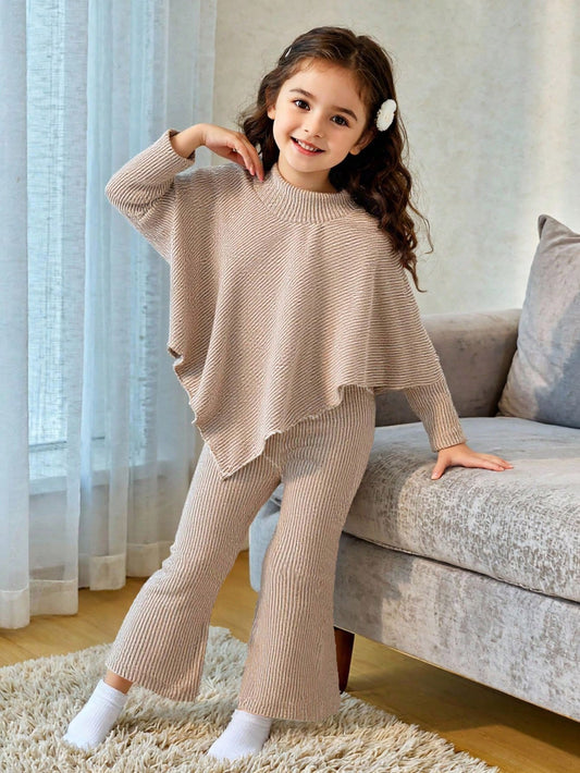 Girls' Fall/Winter Ribbed Pullover & Flared Pants Set