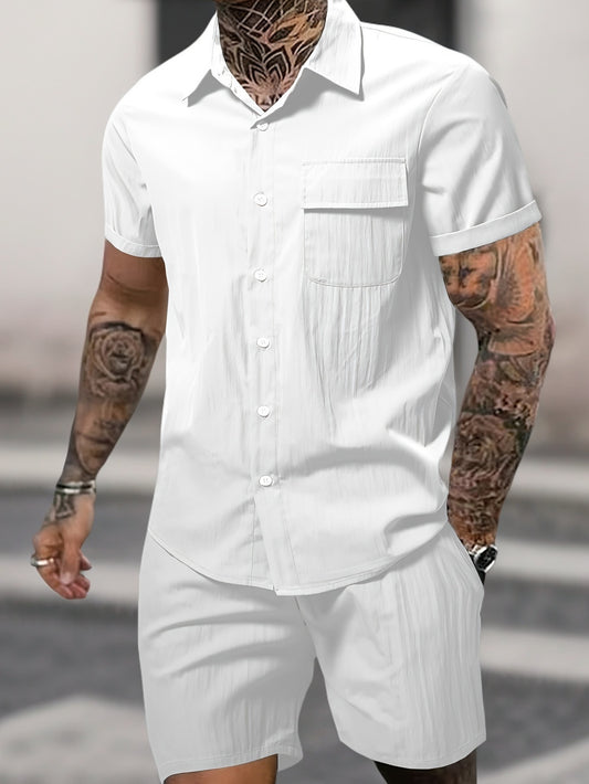 Men's Summer 2pcs Set: Casual Fashion Beige Short Sleeve Collared Shirt & Drawstring Shorts - Lightweight Blend, Ideal for Beach Vacations