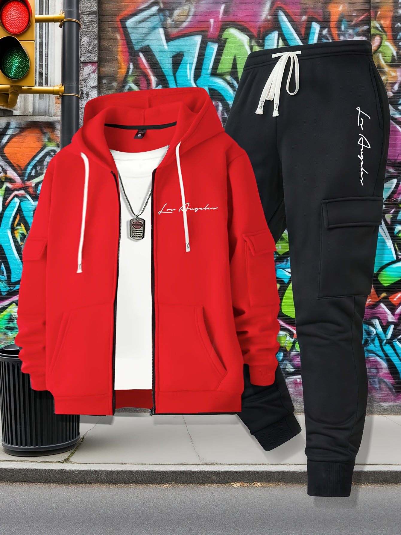 Men's Casual Zip Hoodie and Loose Cargo Pants Set - Breathable Polyest