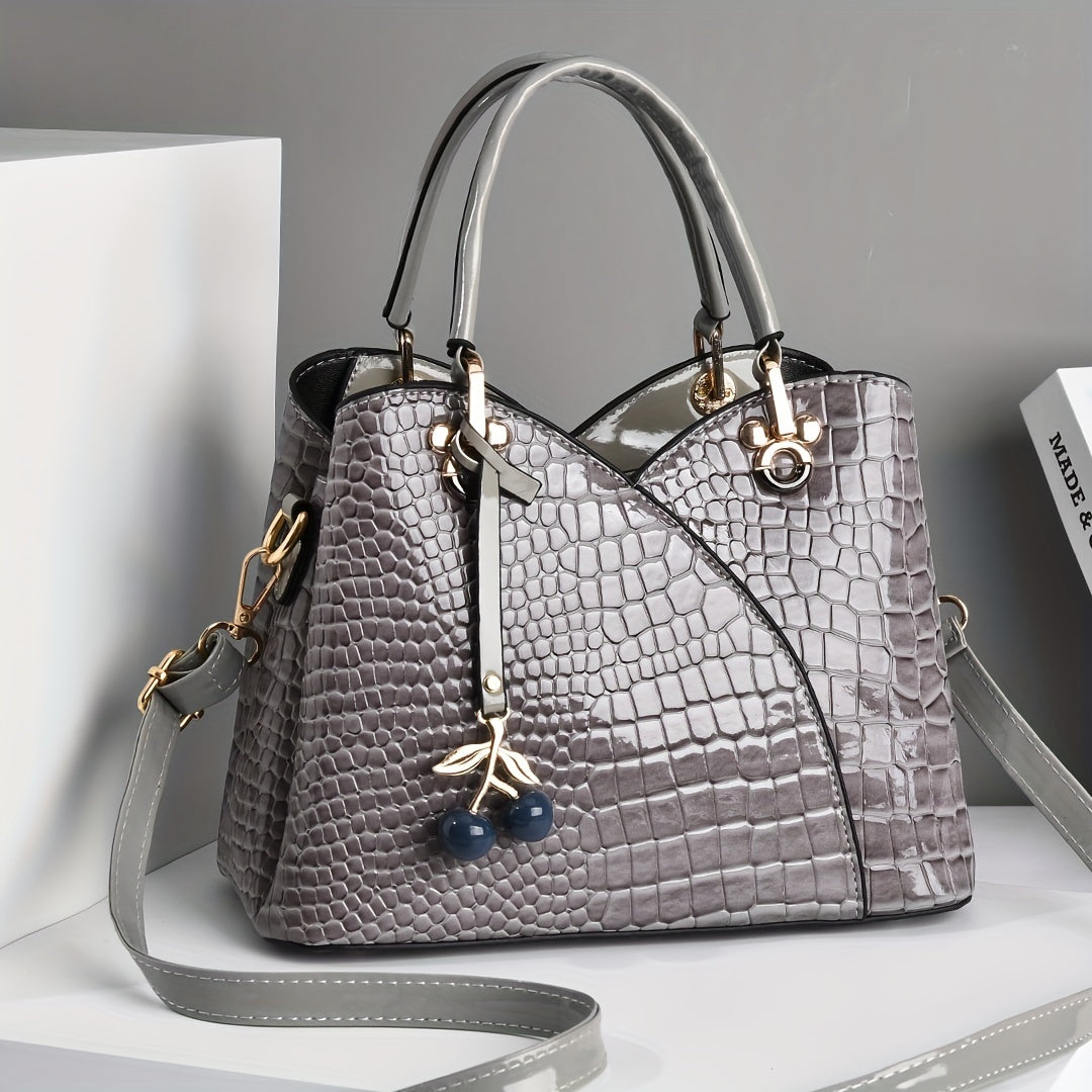 2022 Newest Trendy Women'S Faux Crocodile-Texture Handbag with Cherry Pendant - Stylish Black And Red Shoulder And Handbag, Zip Closure, Polyester Lining, Edge Paint Detail, Handbag|Chic Handbag|Zippered Bag