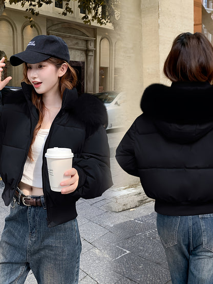 Women'S Winter Jacket - Elegant Short Coat with Detachable Hood, Zippered Pockets, Warm Outerwear for Cold Weather, Office, Parties, Everyday - Chic Winter Clothing for Women, Party Wear, Sleek Design, Cozy Lining, Fashioncon