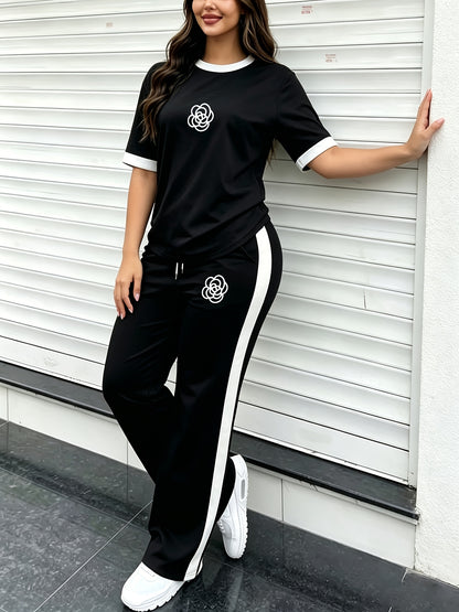 Women's Casual Color-Block Print Short Sleeve Top & Pants Set