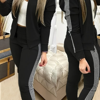 Two-Piece Outfit for Women Featuring a Geometric Design, Long-Sleeve Zip-Up Jacket, And Pants with Symmetrical Pockets - ayq